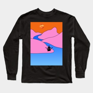 Animated Yoga Mountains Sun and River Graphic Long Sleeve T-Shirt